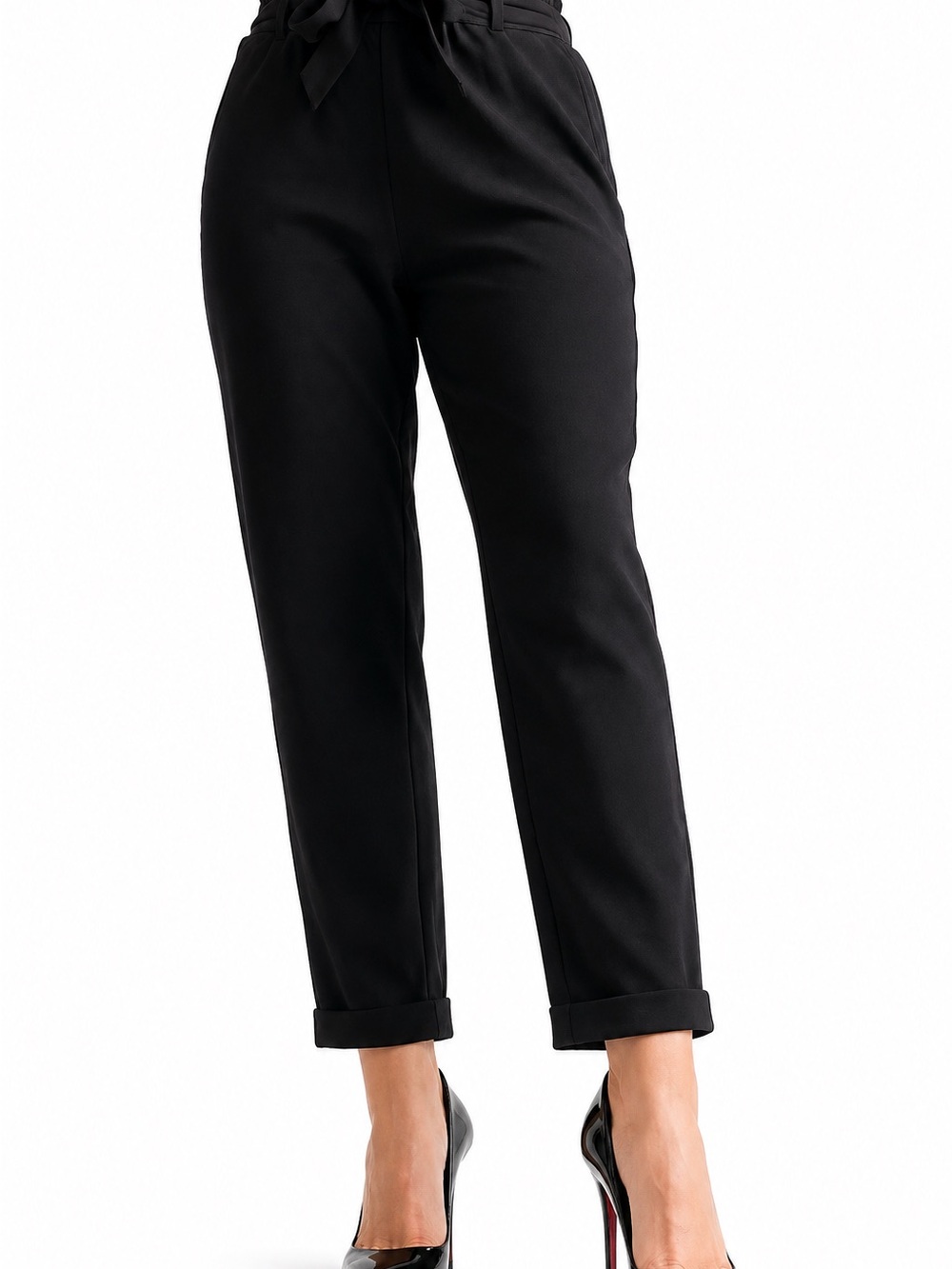 SO Black Cropped Tapered Paperbag-Waist Pants